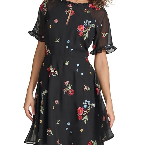 New Kensie Womens Size 2 Black Floral Embroidered Chiffon Back Cutout Dress - Picture 2 of 14